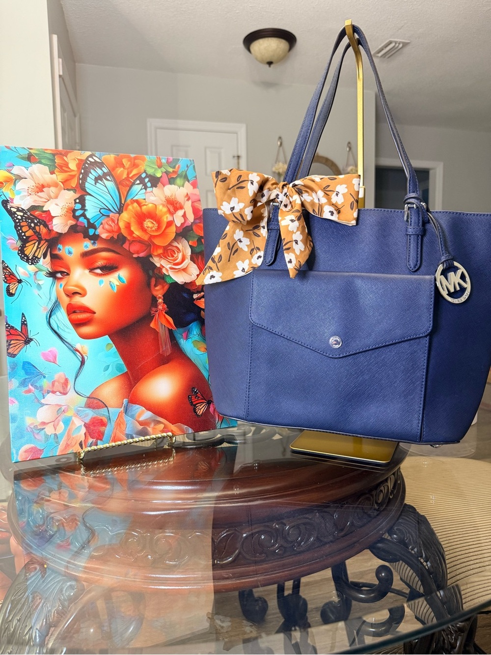 Michael Kors Navy Tote with Floral Bow Accent